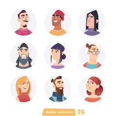 Collection of cartoon avatars. Vector isolated heads of men and women. Teenagers and adults with beard and glasses.