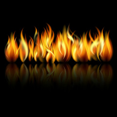 Fire flames on black background. An illustration of a stylized fire banner background. Realistic fire flames set on transparent black background.