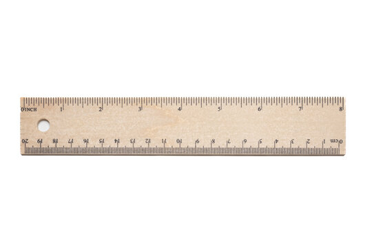 Ruler isolated on white. Wooden double rule twenty centimeter and eight inch long