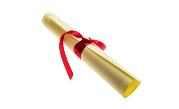 Degree scroll with red ribbon isolated on white. College paper certificate roll, University studies