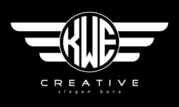 KWE three letter monogram type circle letter logo with wings vector template.
