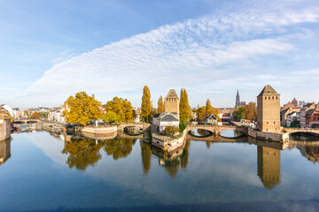 La Petite France with bridge over river Ill water tower copyspace copy space Alsace in Strasbourg, France