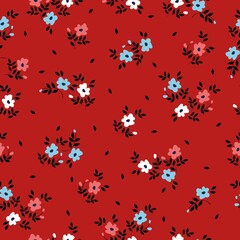 Seamless vintage pattern. White, pink and blue flowers, black leaves. Red background. vector texture. fashionable print for textiles, wallpaper and packaging.