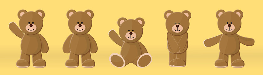 Cute teddy bear cartoon vector set with various gestures on light yellow background.