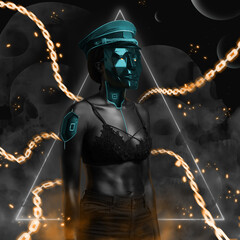 Shirtless black woman with mask against cyberpunk style background