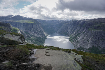 The way to Trolltunga Norway. View of Ringedalsvatnet Lake. Beautiful wild mountains