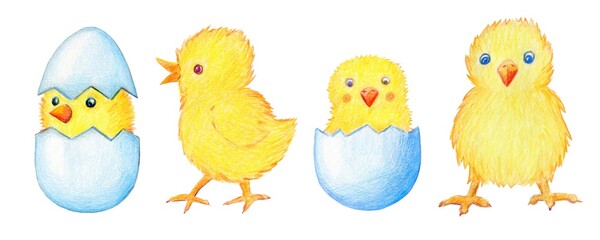 Easter collection of cute drawings, chickens and eggs drawn with colored pencils, postcard design elements, stickers