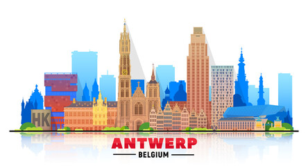De skyline van Antwerpen (België) met panorama op witte achtergrond. Vectorillustratie. Zakelijk reizen en toerisme concept met moderne gebouwen. Afbeelding voor presentatie, banner, website.