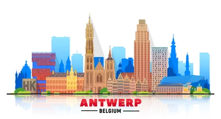 Rolgordijnen Antwerpen De skyline van Antwerpen (België) met panorama op witte achtergrond. Vectorillustratie. Zakelijk reizen en toerisme concept met moderne gebouwen. Afbeelding voor presentatie, banner, website.