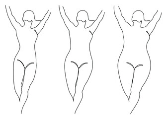 Collection. Silhouette of a figure of a beautiful woman in a modern one-line continuous line style. The girl is thin, slender, and the woman is fat. The lady is standing. Set of vector illustrations.