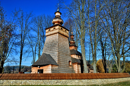 Exterior view of an old wooden Greek Catholic church of St. James in Powroznik, Poland. Famous example of Lemko church architecture inscribed on the UNESCO World Heritage List.