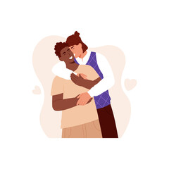Gay couple embrace each other. Lgbt family in love. Homosexual couple. Vector illustration of two young men cuddling. Gay couple in love. Love is love. Pride month. Isolated on white.