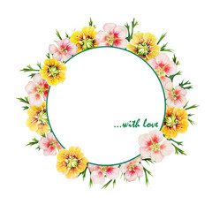 Floral tender frame Wreath with yellow, rose ,white flowers on a white background. Illustration for fabrics, interiors, bed textile, packaging, invitation, postcards, wedding, cards