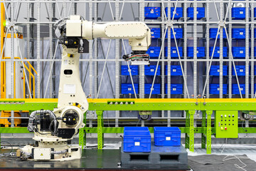 smart robot with automatic arm grip system for carry arrange product box to conveyor line and...