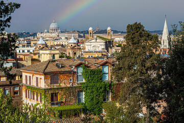 Landscape from Pincio Hill on roofs and churches of the ancient city of Rome. Far away St. Peter's...