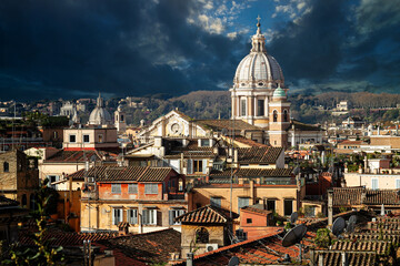 Fototapeta na wymiar Landscape from Pincio Hill on roofs and churches of the ancient city of Rome