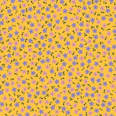 Seamless vintage pattern. Small pink and lilac flowers, green leaves. Yellow background. vector texture. fashionable print for textiles, wallpaper and packaging.