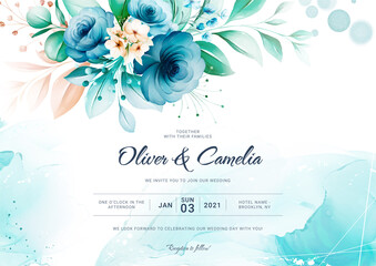 Blue wedding invitation card with watercolor floral decoration and abstract background landscape