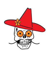 Cartoon cowboy skull icon with hat, flower and mustaches , vector illustration.