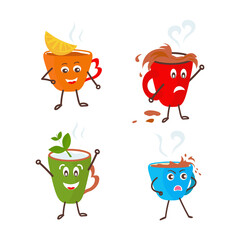 Cute cartoon coffee mug and cups characters set. Good and evil emotions.