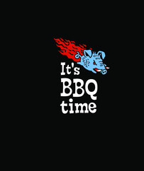 It's BBQ time, Flying Pig on black background, Cartoon character. Barbecue, restaurant logo, sticker, card, t shirt print