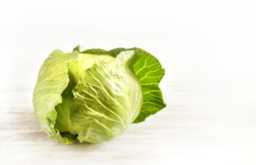 cabbage head on a light background, copy space, soft focus