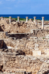 Roman Column architecture building ruins at the Kato Paphos (Pafos) Archaelogical Park in Cyprus which is a popular tourist holiday travel destination and landmark attraction, stock photo image