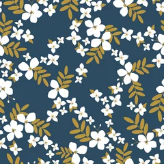 Foto op Canvas Seamless vintage pattern. White flowers, golden leaves. Blue background. vector texture. fashionable print for textiles, wallpaper and packaging. © Алена Шенбель