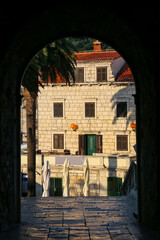 View through Kopnena Vrata (Land Gate) in Korcula old town, Croatia