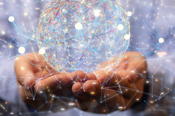 Global network. Blockchain. 3D illustration. Neural networks and artificial intelligence. Abstract