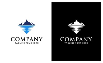 Minimalist landscape hills, mountain peaks river creek silhouette logo design vector. on a black and white background.