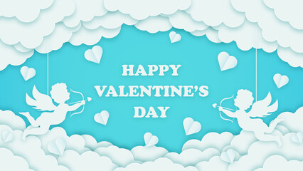 Happy Valentine's Day banner. Holiday turquoise background design with cupids, clouds and hearts. Horizontal poster, greeting card flyer.