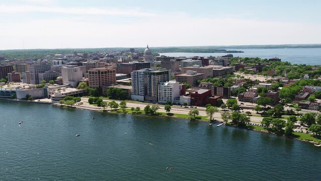 Drone Over Lake Monona in Summer Flying Towards Downtown Madison Wisconsin (Push In)