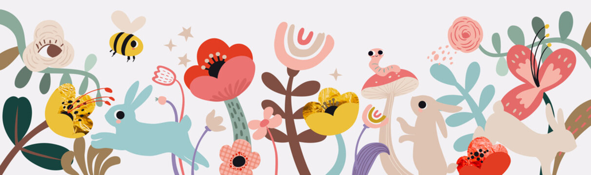 Fairy floral spring horizontal banner. Bee, flowers, plants, cute rabbits and bunnies in pastel colors. Modern minimalist poster, greeting card, header for website