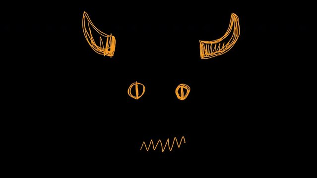 Animation with doodle face mask in 4k on a black screen. Funny orange sketch drafts. Glasses, diving tube, horns, strokes, hearts. Art effect for video blog. Stock 2D clip.
