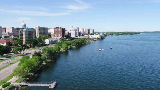 Drone Over Lake Monona Along Shoreline in Summer in Madison Wisconsin (Push In)