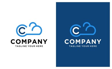 letter C shaped cloud logo, Blue Cloud Tech Logo Vector template. on a black and white background.