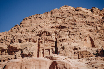 Facades in the rock in the ancient city of Petra. Hashemite Kingdom of Jordan. Jordan. Petra