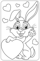 Coloring book for children. Cute bunny is holding a heart