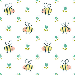 Seamless pattern with cute bees and flowers. Perfect for childish clothes, surface design.