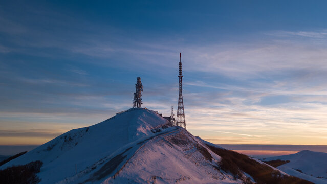 sunrise on Mount Nerone with RAI antennas in the Marche region in the Province of Pesaro Urbino Italy
