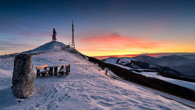 sunrise on Mount Nerone with RAI antennas in the Marche region in the Province of Pesaro Urbino Italy