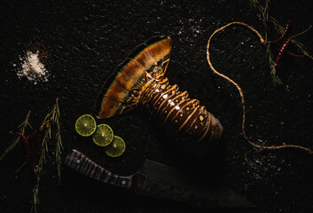   LANGOSTA  sobre laja de piedra  con decoración como sal, pimienta limón, chile de árbol  , romero y un cuchillo  