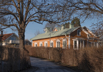 Street view in the old part of the district town of Vaxholm a sunny winter day in the archipelago...