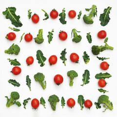 Fresh vegetable pattern from broccoli and cherry tomatoes on a white background . Top view,flat lay . Healthy food   