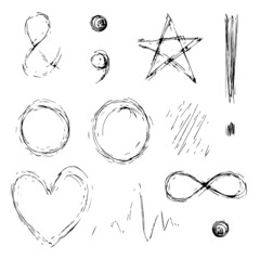 hand drawn doodle signs set (star, &, infinity sign, circle, heart). vector line illustration. 