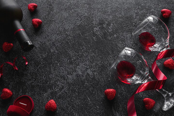 wedding ring and red wine valentine's day concept romance