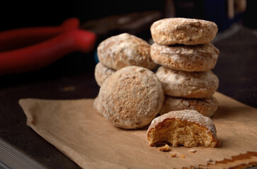 bitten honey bread on workbench