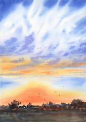 Colorful sky and clouds at sunset. Watercolor landscape painting for print, cards, covers. Calm nature and sunrise