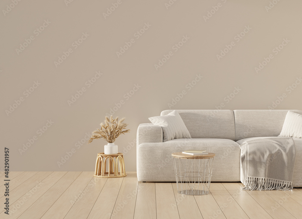 Poster bright minimalist beige room with sofa, plant and table and big empty wall mock up. 3d render. 3d il